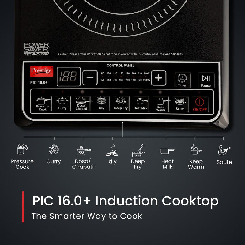 Prestige PIC 16.0 Plus 2000W Induction Cooktop, 4KV Surge Protection + Prestige Omega Deluxe Granite Alpha 3 Pc BYK Non-Stick Set: Kadai 24cm with Glass Lid, Omni Tawa 28cm, Fry Pan 24cm