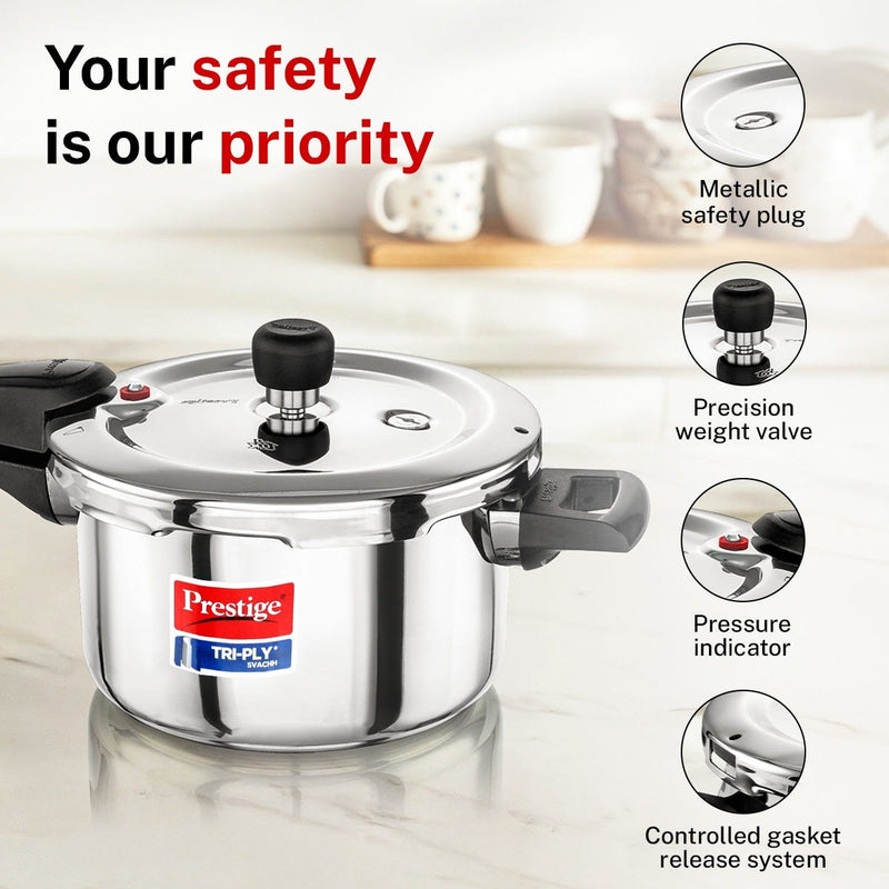 Prestige 3 Litre TRIPLY Svachh Outer Lid Pressure Cooker, Deep Lid Spillage Control, Gas & Induction + Prestige Platina Popular Stainless Steel Impact Forged Bottom Kadai with Glass Lid, 24cm, 2.8 L