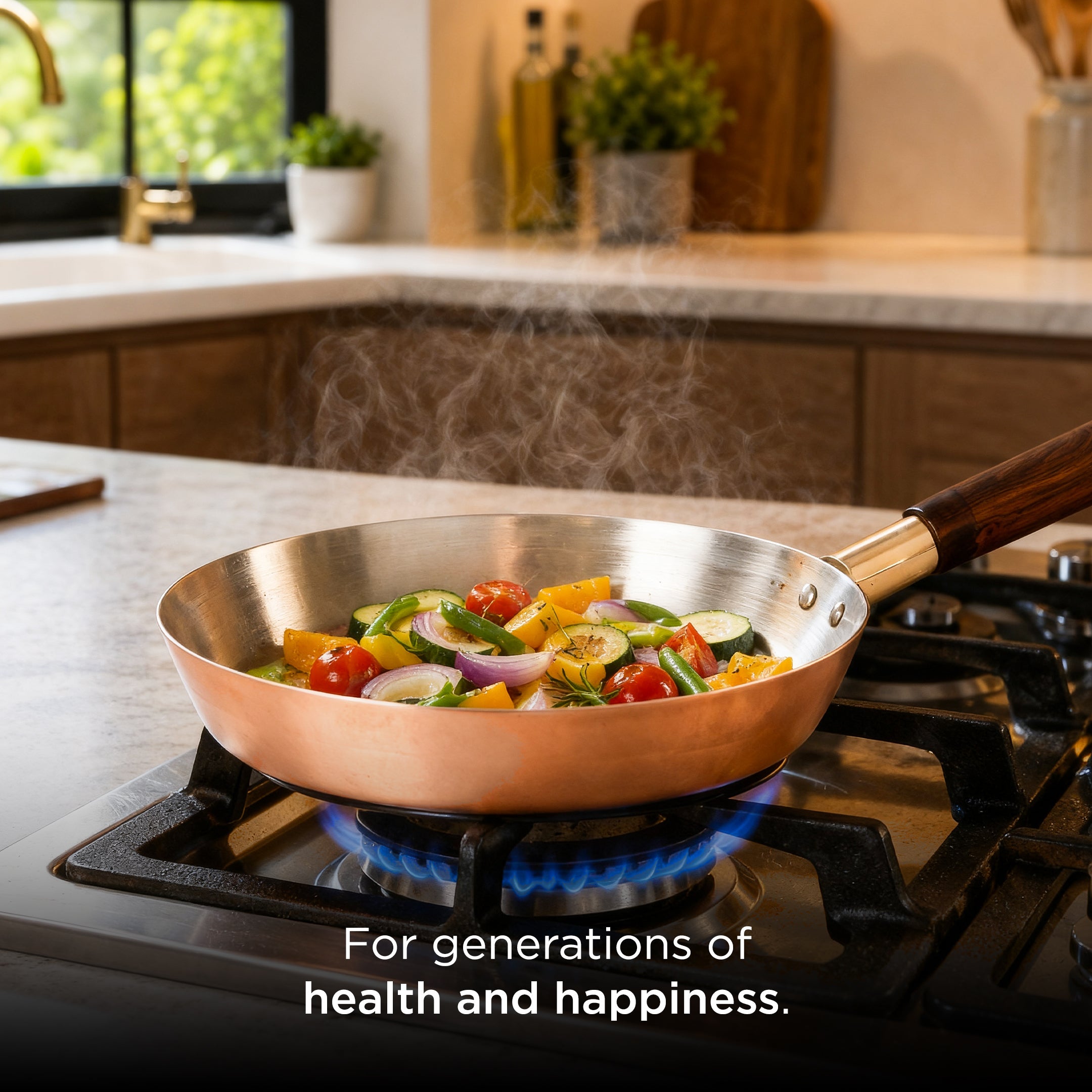 Traditional Copper Fry Pan with Tin Coating and Insulated Handle (तांबा का फ्राई पैन)
