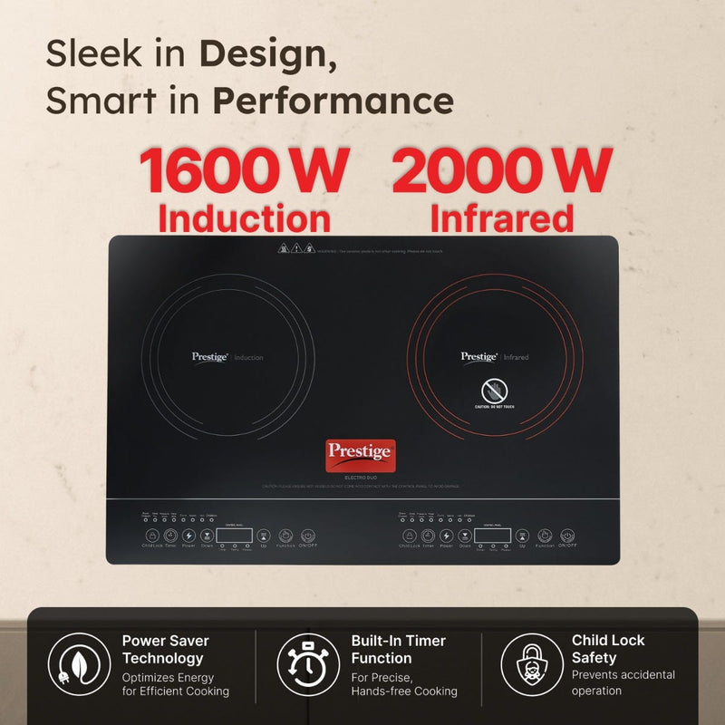 Prestige Electro Duo Infrared and Induction Combi Cooktop + Prestige TRIPLY Splendid 4 Pc Cookware Set: Fry Pan 22cm, Kadai 22cm, Saucepan 14cm, SS Lid 24cm, Gas & Induction Compatible, 15Y Warranty
