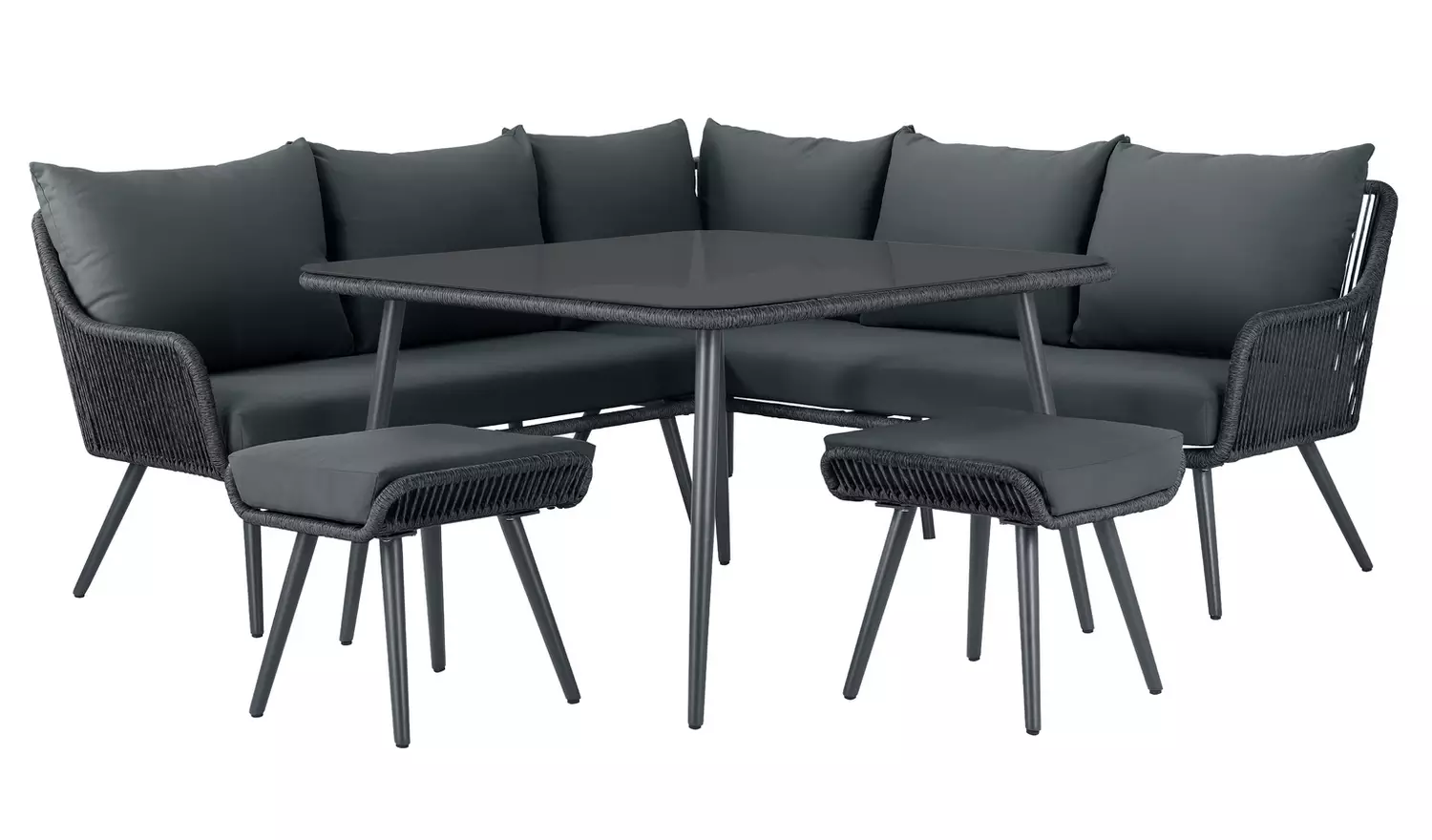 RETO Outdoor Sofa Set 5 Seater , 2 ottoman and 1 Center Table Set (Black) Braided & Rope