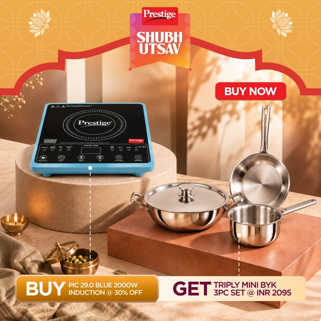 Prestige PIC 29.0 Induction Cooktop 2000W with Preset Indian Menu Options, Blue + Prestige TRIPLY Splendid 4 Pc Cookware Set: Fry Pan 22cm, Kadai 22cm, Saucepan 14cm, SS Lid 24cm, 15Y Warranty