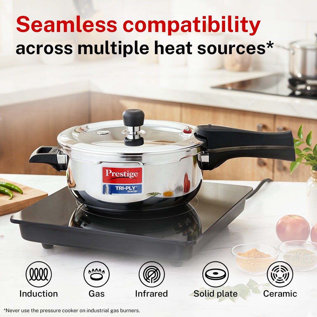 Prestige Svachh Triply Outer Lid Pressure Cooker with Deep Lid for Spillage Control, 3.5 Litre, Silver + Prestige Platina Popular Stainless Steel Impact Forged Bottom Kadai with Glass Lid, 24cm, 2.8 L