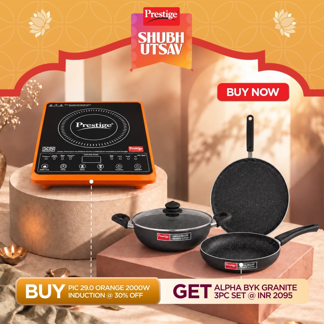 Prestige PIC 29.0 Induction Cooktop 2000W with Preset Indian Menu Options, Orange + Prestige Omega Deluxe Granite Alpha 3 Pc BYK Non-Stick Set: Kadai 24cm with Glass Lid, Omni Tawa 28cm, Fry Pan 24cm