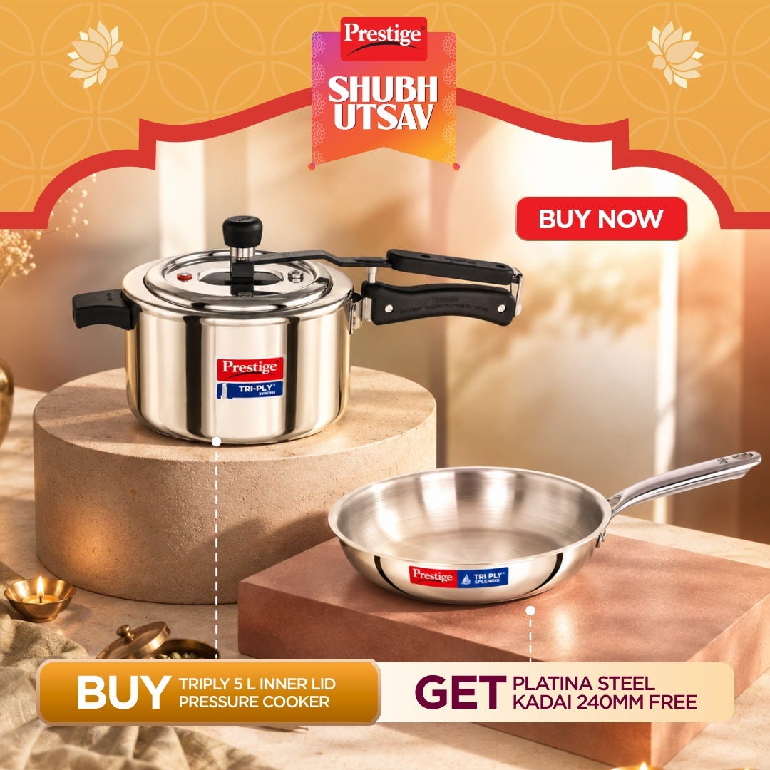Prestige 5 L Tri-Ply Svachh Inner Lid Pressure Cooker, Gas & Induction Compatible, Spillage Control, Silver + Prestige 24cm/1.7L Tri-Ply Stainless Steel Splendid Fry Pan, Thick Gauge, 15 Year Warranty