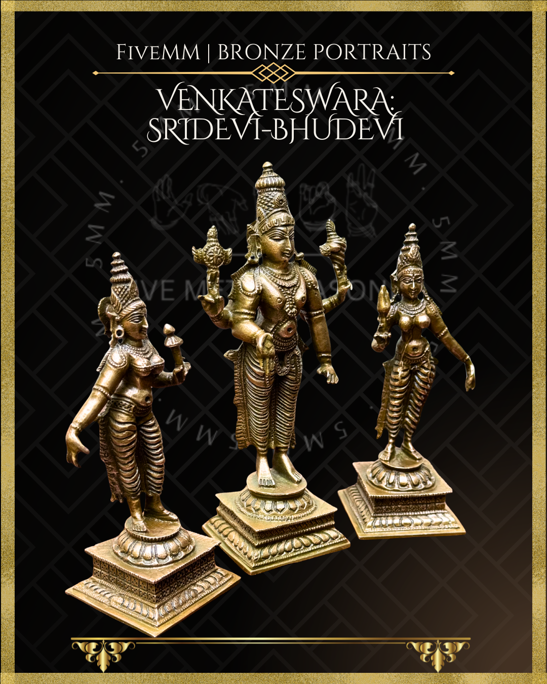 Venkateswara-Sridevi-Bhudevi  Panchaloha Bronze Icon Set - 6"