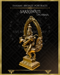 Saraswati seated on Hamsa Panchaloha Bronze Icon - 8"