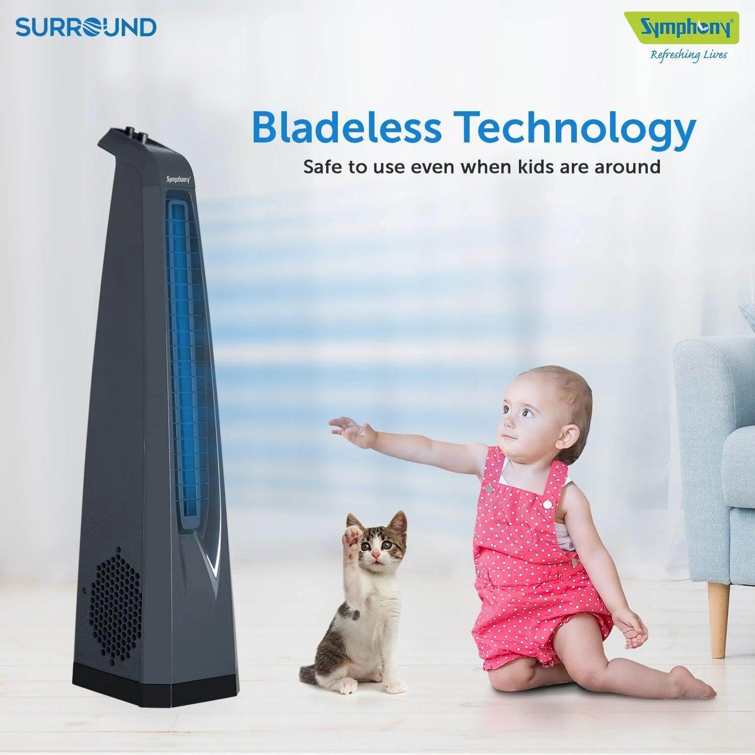 Surround Grey | Tower Fan | Knob Control | Bladeless Turbo ThrowTM (BLTT) Technology