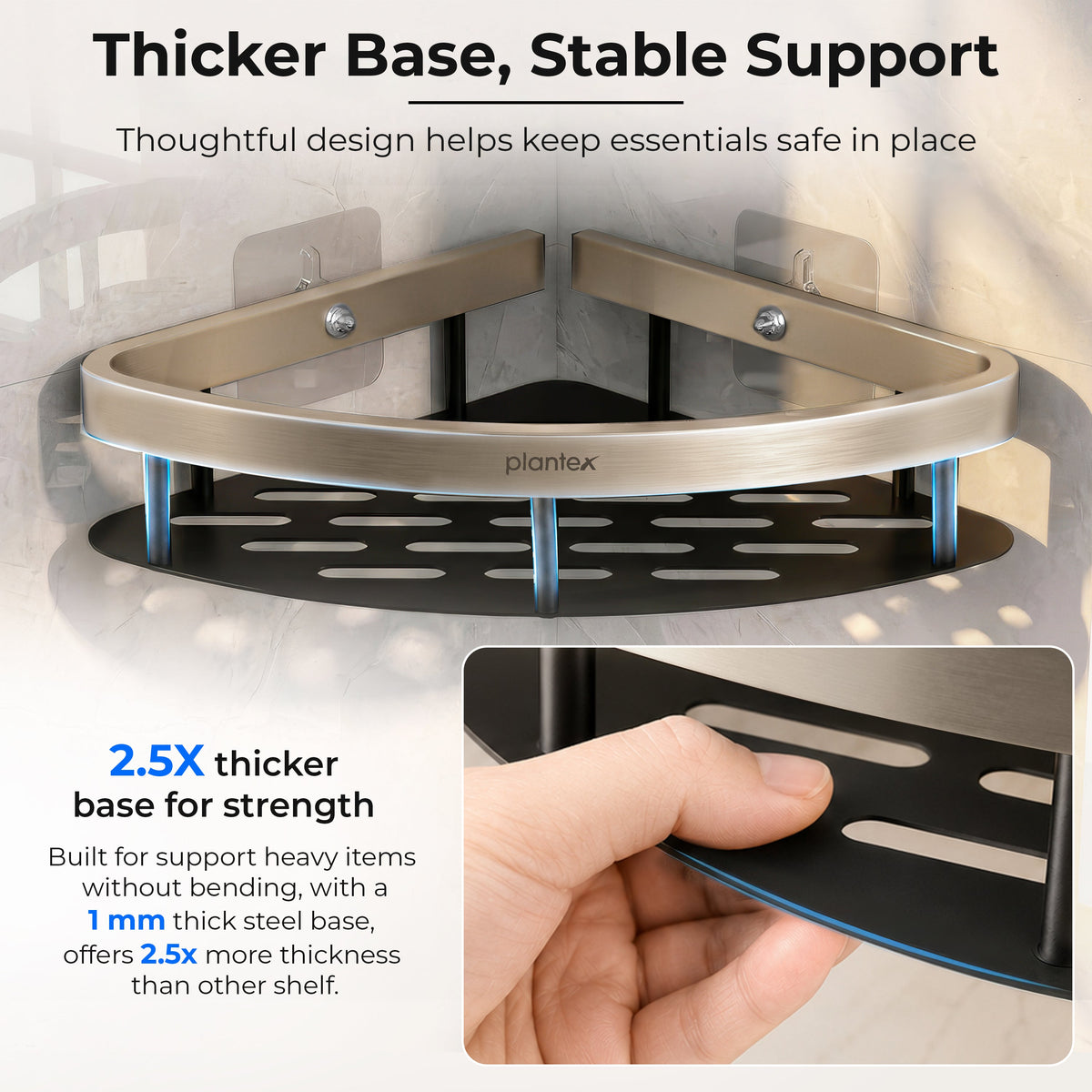 Plantex Self Adhesive Corner Shelf for Bathroom Wall/Aluminium & Stainless Steel Corner Shelf/Storage Organizer/Bathroom Accessories Set- Pack of 1 (8 x 8 inch, Satin & Black)-5