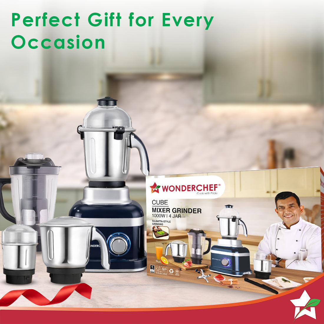 Wonderchef Cube 1000W Mixer Grinder, 4 Jars with Flow Breakers, Special Coarse Blade for Silbatta-style Khada Masala Gri