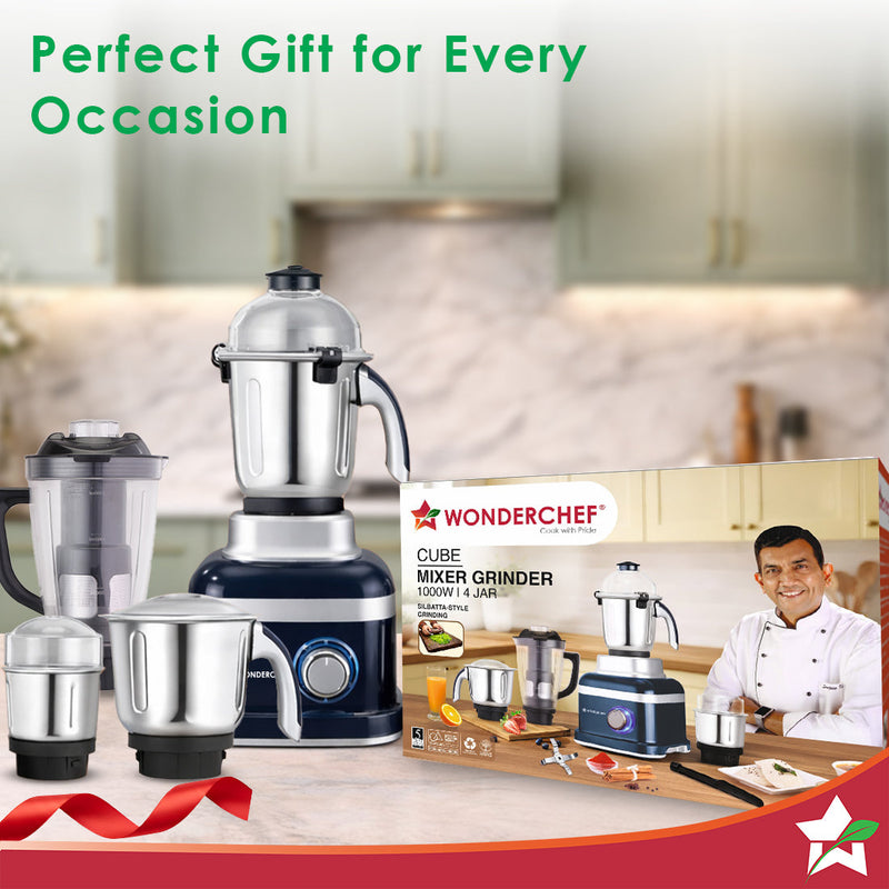 Wonderchef Cube 1000W Mixer Grinder, 4 Jars with Flow Breakers, Special Coarse Blade for Silbatta-style Khada Masala Gri