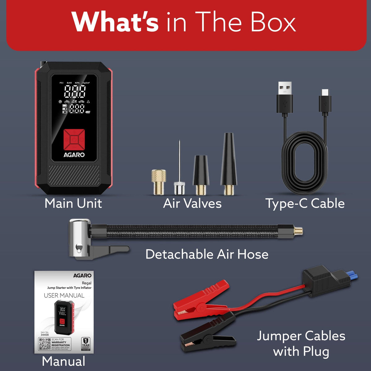 AGARO Regal Tyre inflator & Jump Starter, For Cars & Bikes, 12V, Upto 150 PSI, 10000 mAH Powerful Battery, LED Light, Di