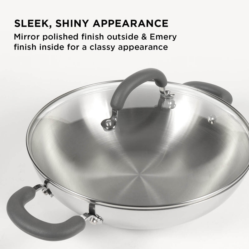 Meyer Trivantage Stainless Steel Triply Cookware 3pcs Set (26cm Frypan + Kadai/Wok with Interchangeable Glass Lid)
