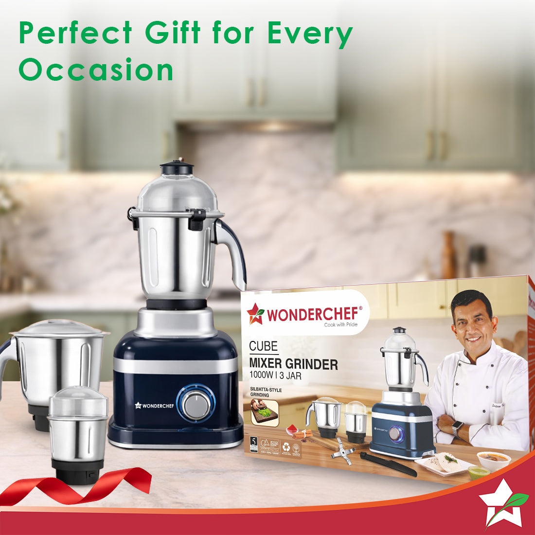 Wonderchef Cube 1000W Mixer Grinder, 3 Jars with Flow Breakers, Special Coarse Blade for Silbatta-style Khada Masala Gri