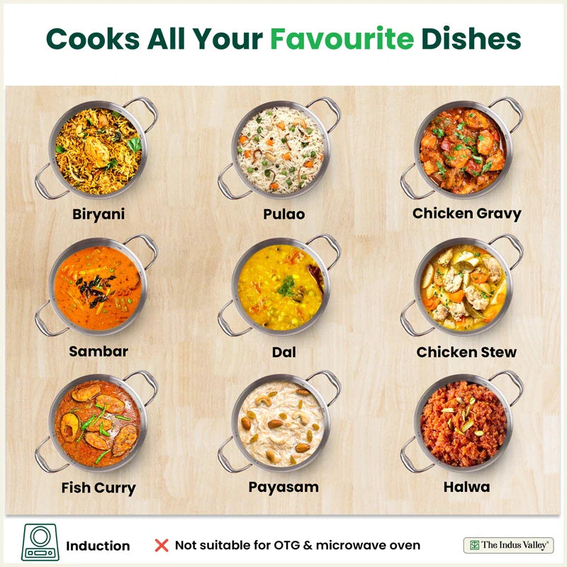 Tri-ply Stainless Steel Biryani Pot/ Casserole/ Sauce Pot with Steel Lid, Premium Quality, 3 Layer Thick Body, 100% Toxin-free, Non-stick, Induction & Gas 3.2L/3.7L/5.5L/8.5L