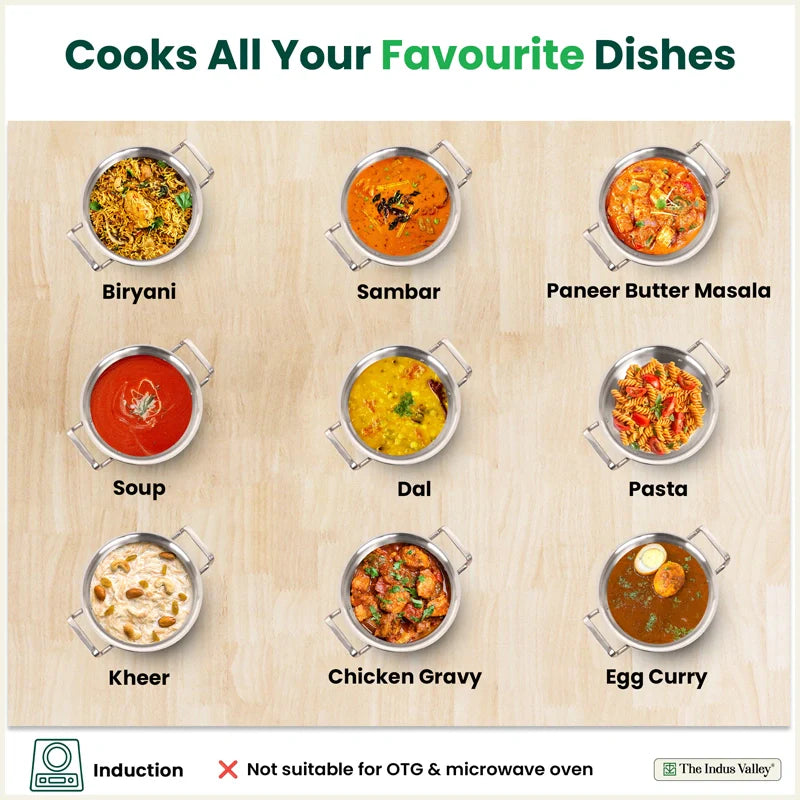 Tri-ply Stainless Steel Handi Shaped Biryani Pot/ Casserole/ Sauce Pot with Steel Lid, Premium Quality, 3 Layer Thick Body, 100% Toxin-free, Non-stick, Induction & Gas, 2L/2.6L/4L/4.5L/6.5L