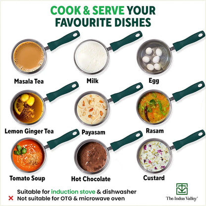 Tri-Steel Stainless Steel Tea/Milk Pan+ Lid, Premium Quality, Tri-ply (3 Layer) Bottom, Soft-touch Handle, 100% Toxin-free, Non-stick, Induction & Gas, 1/1.4 L, 14/16 cm