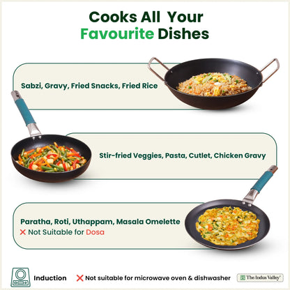 100% Pure Sheet Iron Cookware Set – Tawa, Fry Pan, Kadai with Silicone Handle, Pre-Seasoned, Induction & Gas Compatible + Free ₹400 Tadka Pan