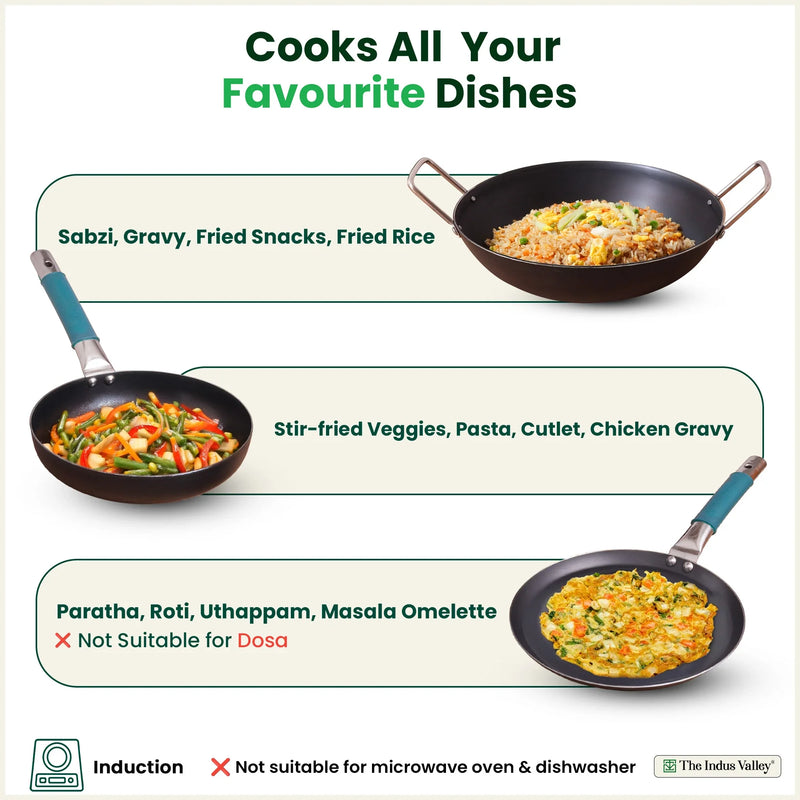 100% Pure Sheet Iron Cookware Set – Tawa, Fry Pan, Kadai with Silicone Handle, Pre-Seasoned, Induction & Gas Compatible + Free ₹400 Tadka Pan