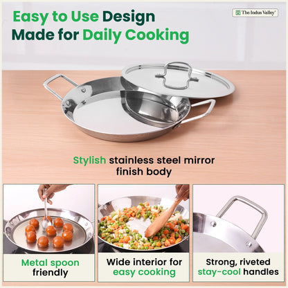 TurboCuk Tri-ply Stainless Steel Jalebi Pan (30cm, 1.5L) – No Sticking, No Burning | With Steel Lid | Fast Heating, Healthy Cooking | Induction Safe