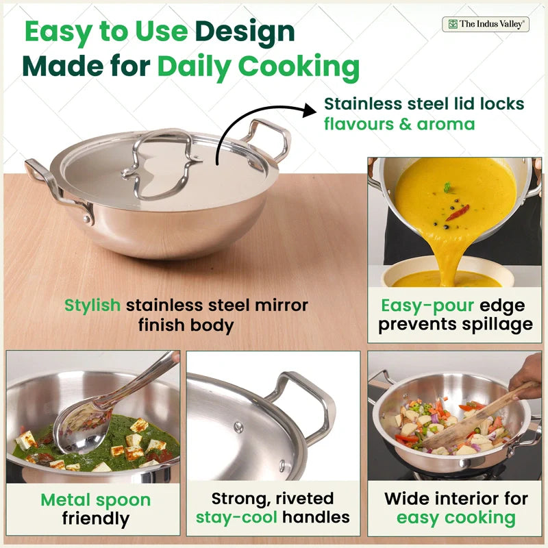Tri-ply Stainless Steel Kadai with Steel Lid, Premium Quality, 3 Layer Thick Body, 100% Toxin-free, Non-stick, Induction & Gas, 20cm/22cm/24cm/26cm/28cm