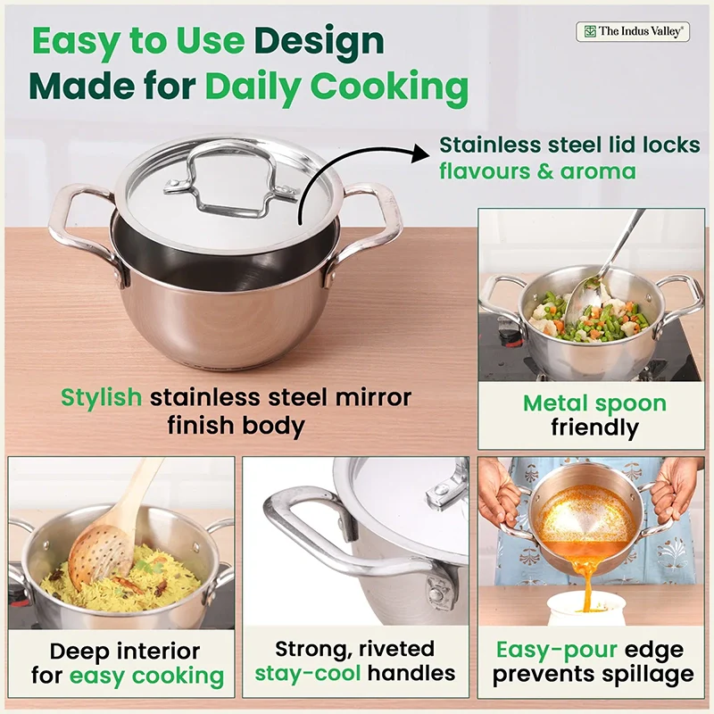 Tri-ply Stainless Steel Biryani Pot/ Casserole/ Sauce Pot with Steel Lid, Premium Quality, 3 Layer Thick Body and 5-ply Bottom, 100% Toxin-free, Non-stick, Induction & Gas, 2.3L/18cm