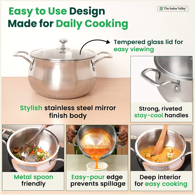 TurboCuk Tri-ply Stainless Steel Handi Casserole/ Biryani Cooking Pot+ Glass Lid, Premium Quality, 3 Layer Thick Body, 100% Toxin-free, Non-stick, Induction & Gas, 4L