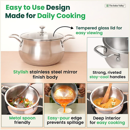TurboCuk Tri-ply Stainless Steel Handi Casserole/ Biryani Cooking Pot+ Glass Lid, Premium Quality, 3 Layer Thick Body, 100% Toxin-free, Non-stick, Induction & Gas, 4L