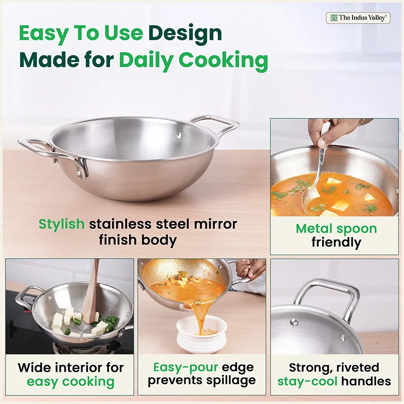 TurboCuk Tri-ply Stainless Steel Kadai, Premium Quality, 3 Layer Thick Body, 100% Toxin-free, Non-stick, Induction & Gas, Free ₹110 Spatula, 1.7/2.7/3.5L