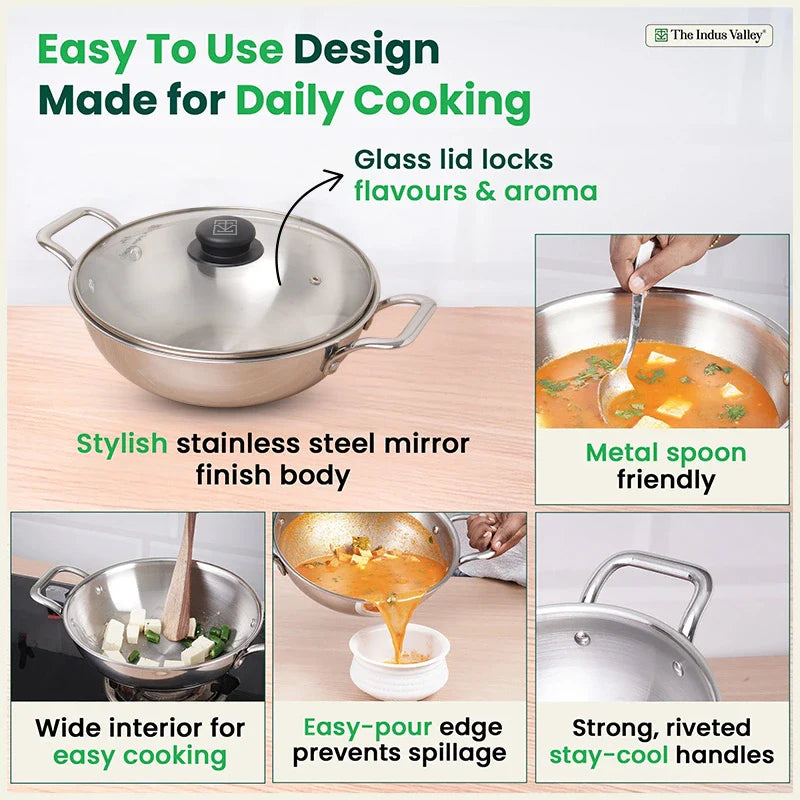 TurboCuk Tri-ply Stainless Steel Kadai+ Glass Lid, Premium Quality, 3 Layer Thick Body, 100% Toxin-free, Non-stick, Induction & Gas, 1.7/2.7/3.5L