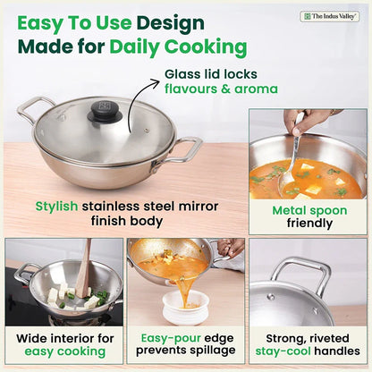 TurboCuk Tri-ply Stainless Steel Kadai+ Glass Lid, Premium Quality, 3 Layer Thick Body, 100% Toxin-free, Non-stick, Induction & Gas, 1.7/2.7/3.5L