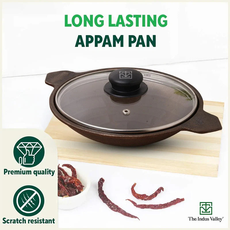 Super Smooth Cast Iron Appam Pan/Appachetty, Glass Lid,Pre-seasoned, Nonstick, 100% Pure, Toxin-free, 22cm, 1.9kg