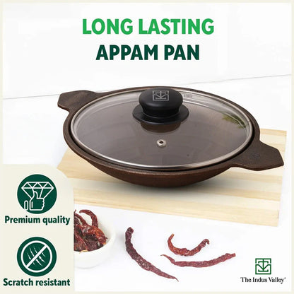 Super Smooth Cast Iron Appam Pan/Appachetty, Glass Lid,Pre-seasoned, Nonstick, 100% Pure, Toxin-free, 22cm, 1.9kg