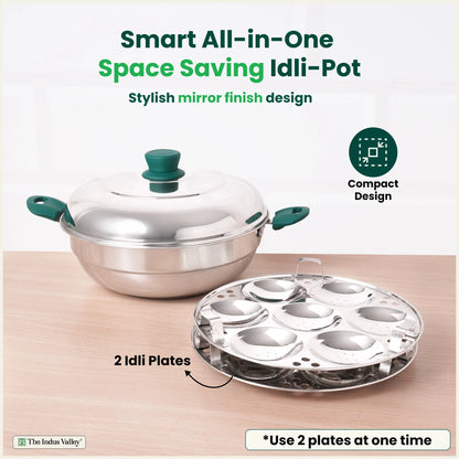 14 Pit Tri-Steel Multi Pot Premium Stainless Steel Idli/ Momo Maker/  Veg Steaming Set, Tri-ply Induction Bottom, 2 Plates, 27cm