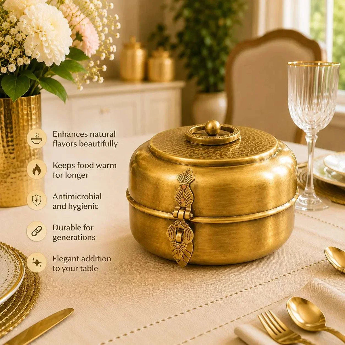 Brass Handcrafted Roti / Chapati Box With Tong (5.5 Inch)