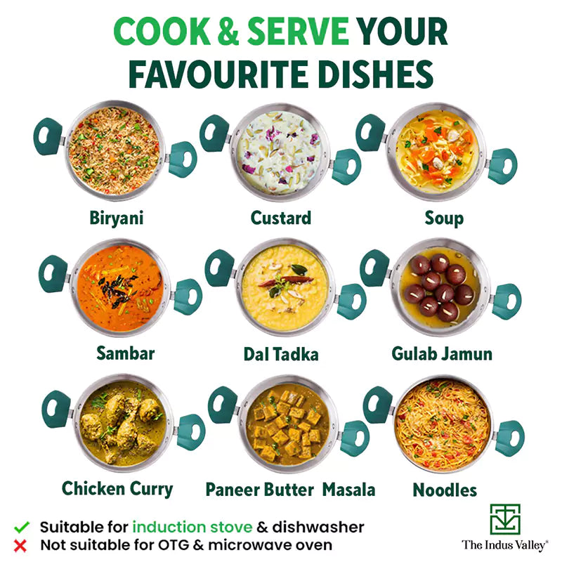 Tri-Steel Stainless Steel Biryani Pot+ Lid, Premium Quality, Tri-ply (3 Layer) Bottom, Soft-touch Handles, 100% Toxin-free, Non-stick, Induction & Gas, 1.5/2.3L, 16/18cm