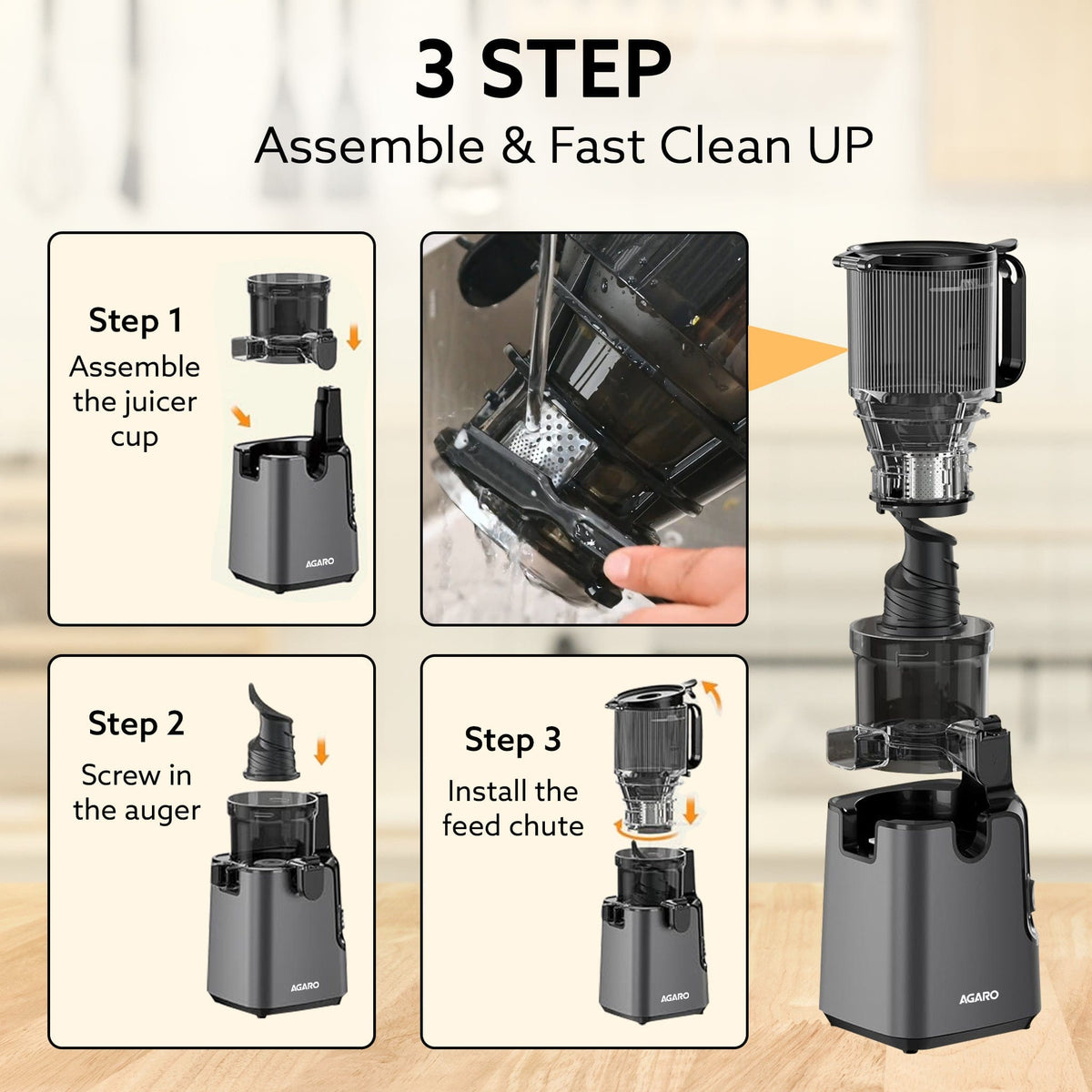 AGARO Regal Cold Press Slow Juicer, 250 Watt DC Motor, Easy Assembly & Cleaning, Auto Reverse, Advanced Safety Lock, Fru