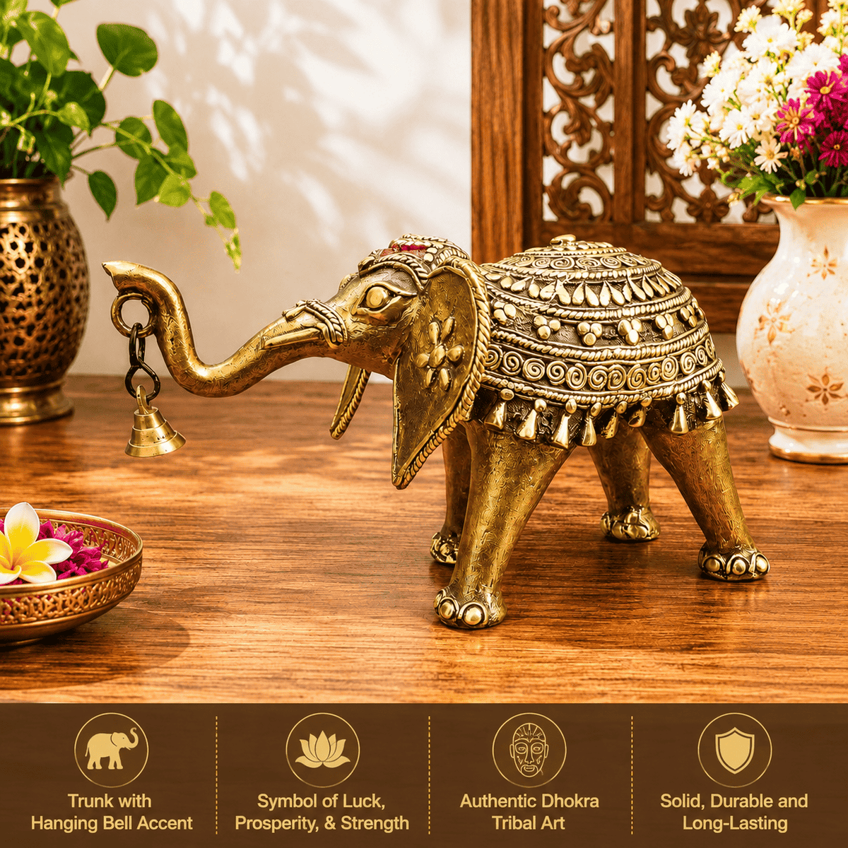 Brass Handcrafted Dhokra Elephant Statue With Bell (5.5 Inch)
