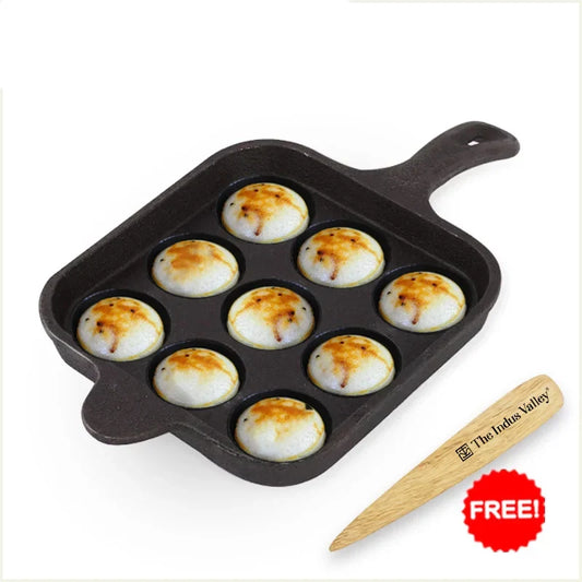 9 Pit/Cup CASTrong Cast Iron Paniyaram/Appe pan+ Free Spatula, Square, Long handle, Pre-seasoned, Nonstick, 100% Pure, Toxin-free, 18.5cm, 2.4kg