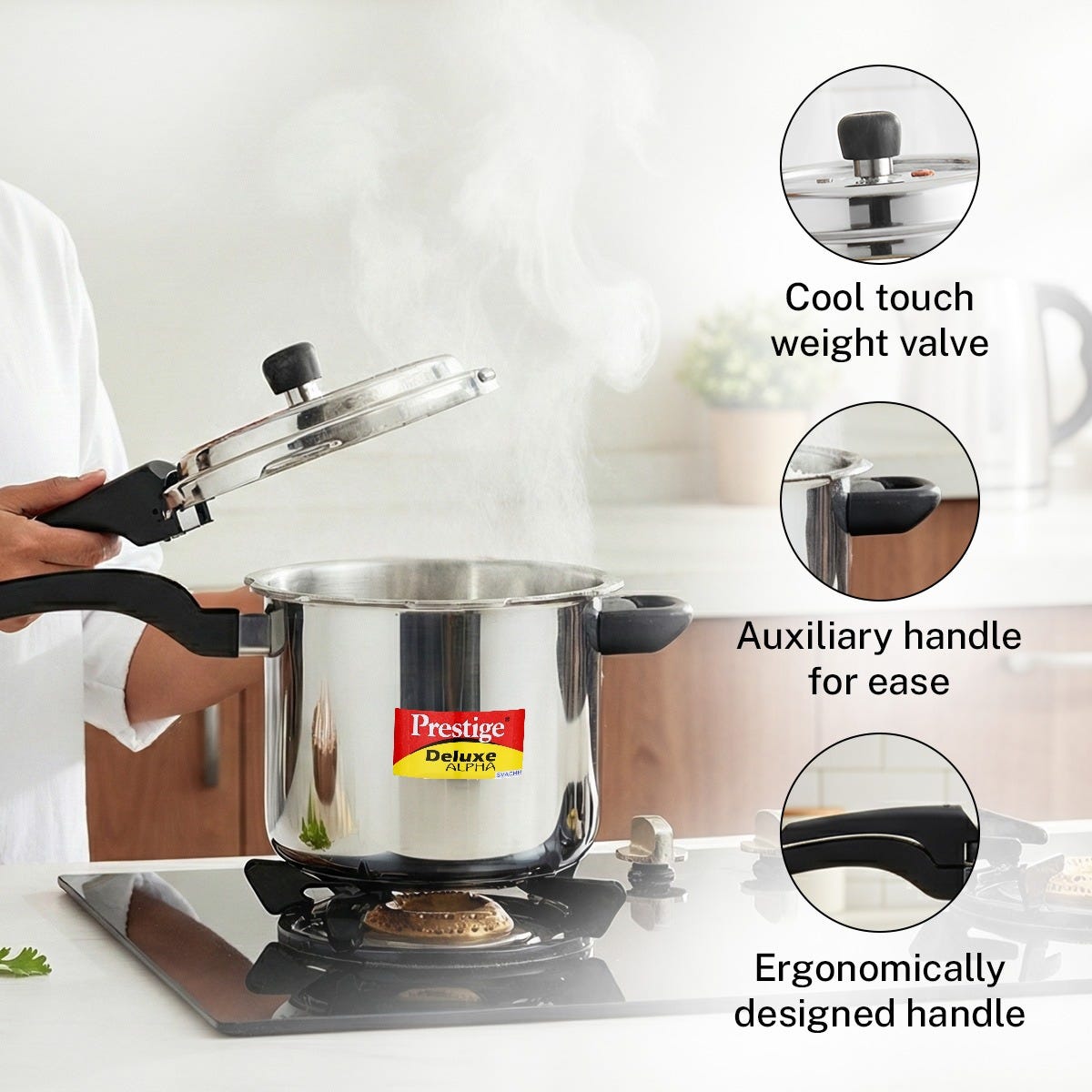 Prestige Deluxe Alpha Svachh Stainless Steel Spillage Control Pressure Cooker, 5.5 L (Silver), Prestige Omega Deluxe Granite Non-stick Round Base Omni Tawa, 28 cm (Black)