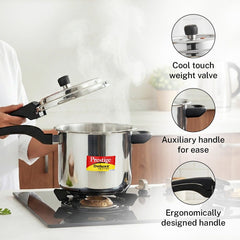 Prestige Deluxe Alpha Svachh Stainless Steel Spillage Control Pressure Cooker, 5.5 L (Silver), Prestige Omega Deluxe Granite Non-stick Round Base Omni Tawa, 28 cm (Black)