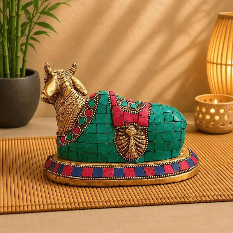 Brass Stone Work Sitting Nandi Idol (4.5 Inch)