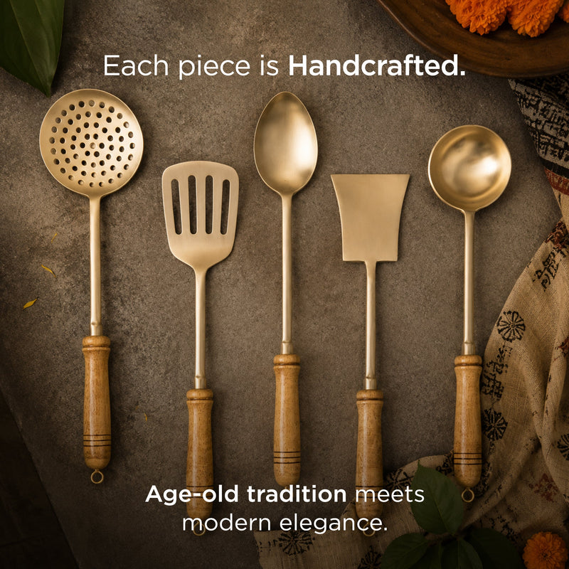 5-Piece Handcrafted Pure Brass Ladle Set •  Durable & Heat-Resistant Wooden Handles (पीतल के करछुल सेट)