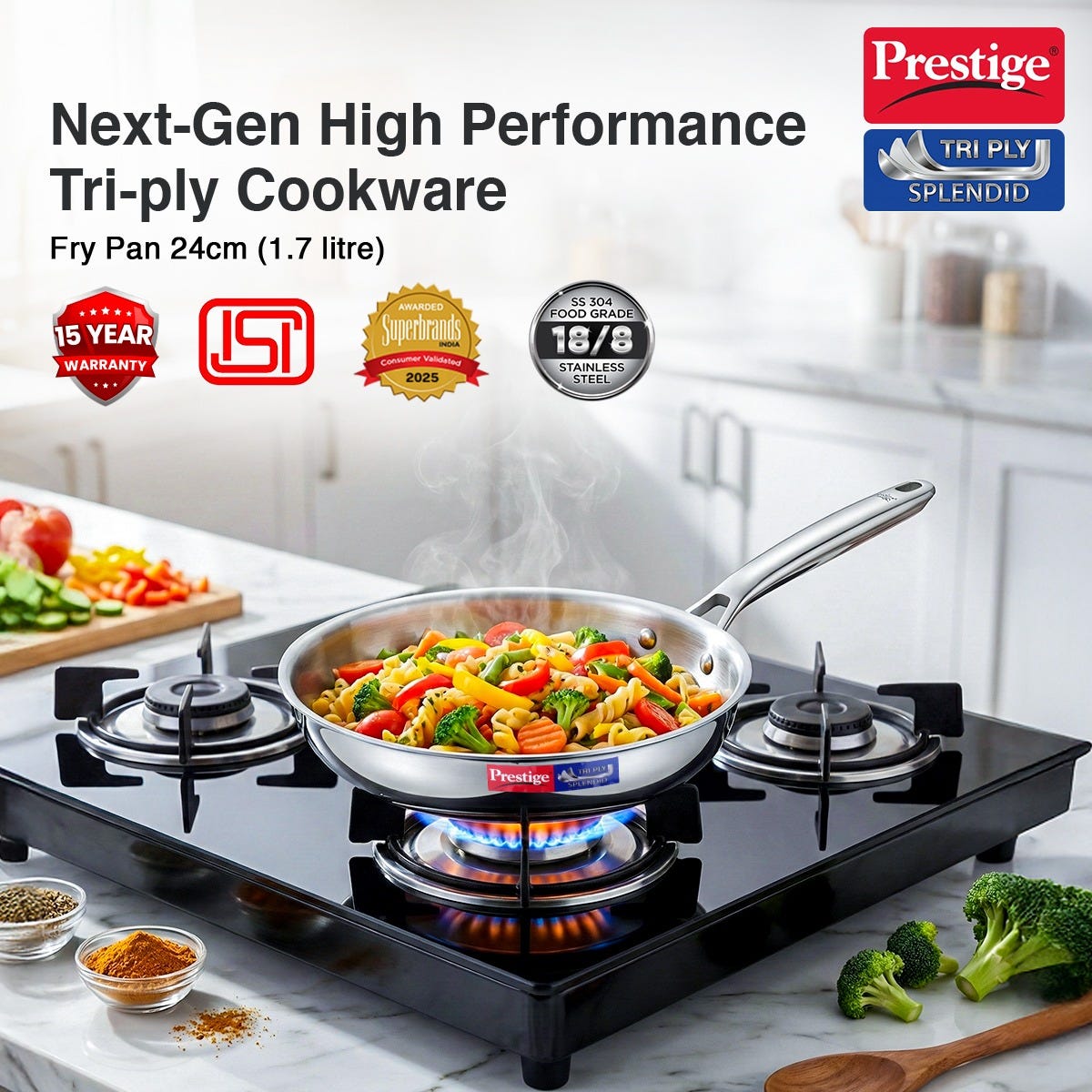 Prestige 5 Litre TRIPLY Svachh Outer Lid Handi Pressure Cooker, Deep Lid for Spillage Control, Gas & Induction Compatible + Prestige 24cm/1.7L Tri-Ply Stainless Steel Splendid Fry Pan, 15Y Warranty