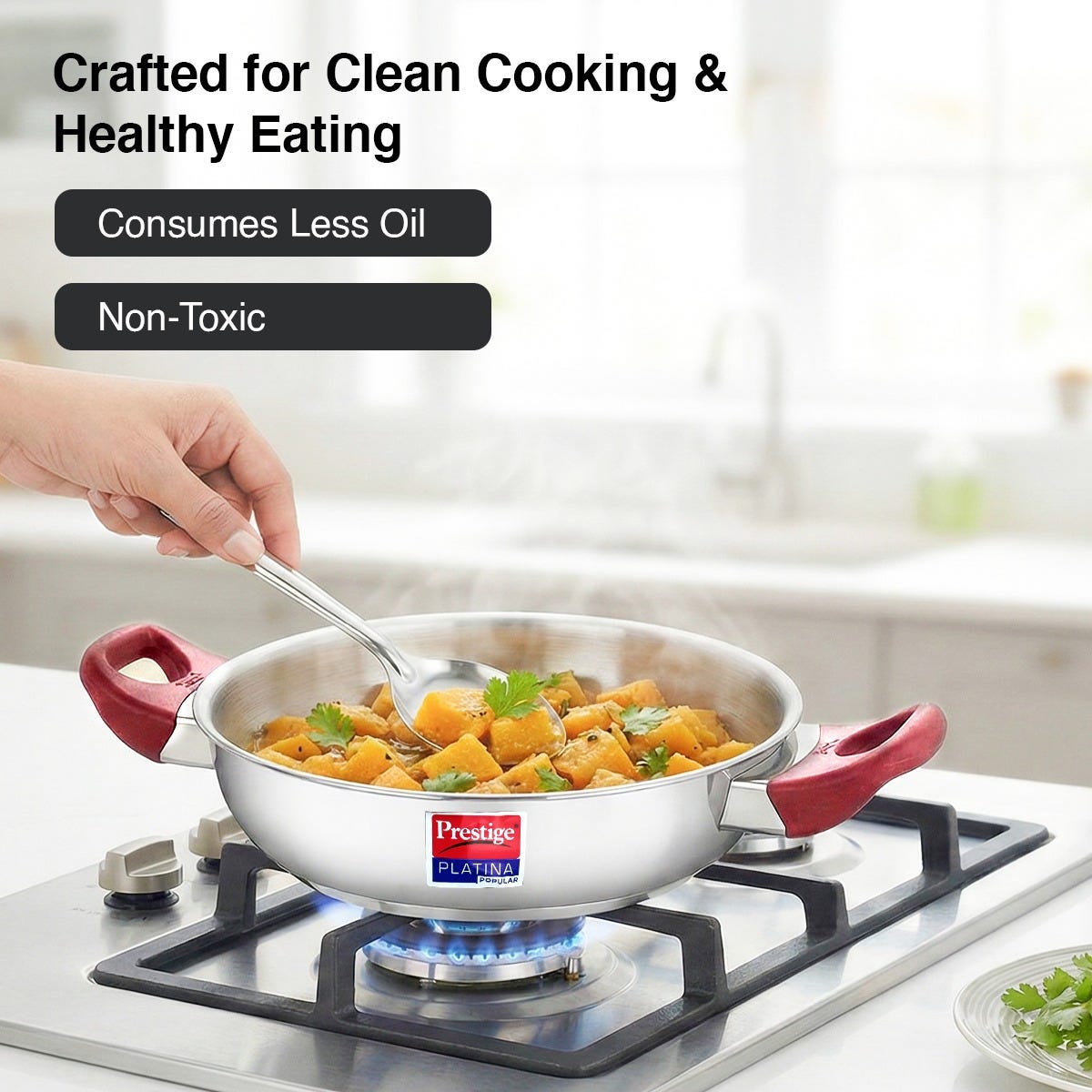 PRESTIGE SVACHH TRI-PLY HANDI PRESSURE COOKER 3 LITRE, Prestige Platina Popular Stainless Steel Unique Impact Forged Bottom Kadai with Toughened Glass Lid, 24cm (2.8 L) (Silver)