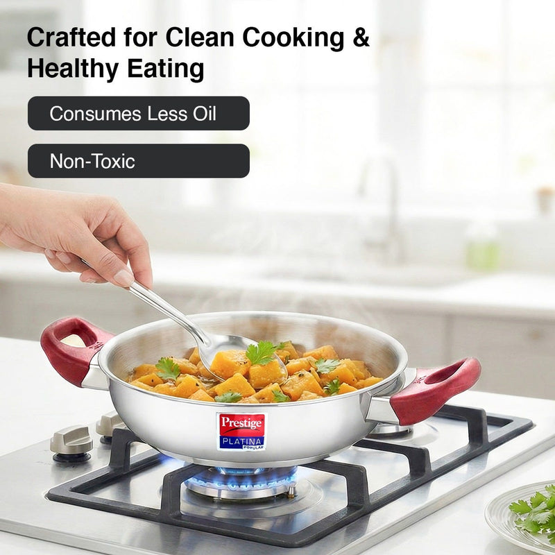 PRESTIGE SVACHH TRI-PLY HANDI PRESSURE COOKER 3 LITRE, Prestige Platina Popular Stainless Steel Unique Impact Forged Bottom Kadai with Toughened Glass Lid, 24cm (2.8 L) (Silver)
