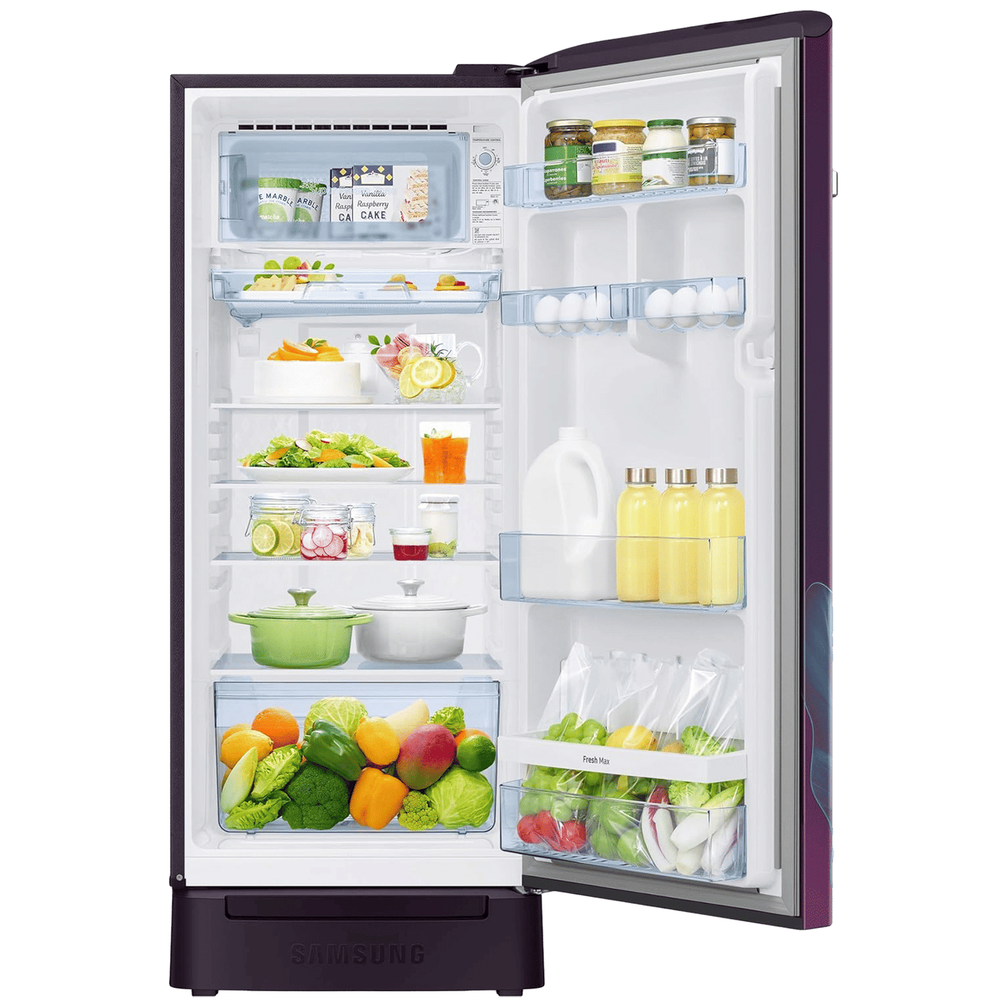 SAMSUNG Horizontal Curve 215 Litres 5 Star Direct Cool Single Door Refrigerator with Base Stand Drawer (RR23D2H259R/HL, Paradise Bloom Purple)