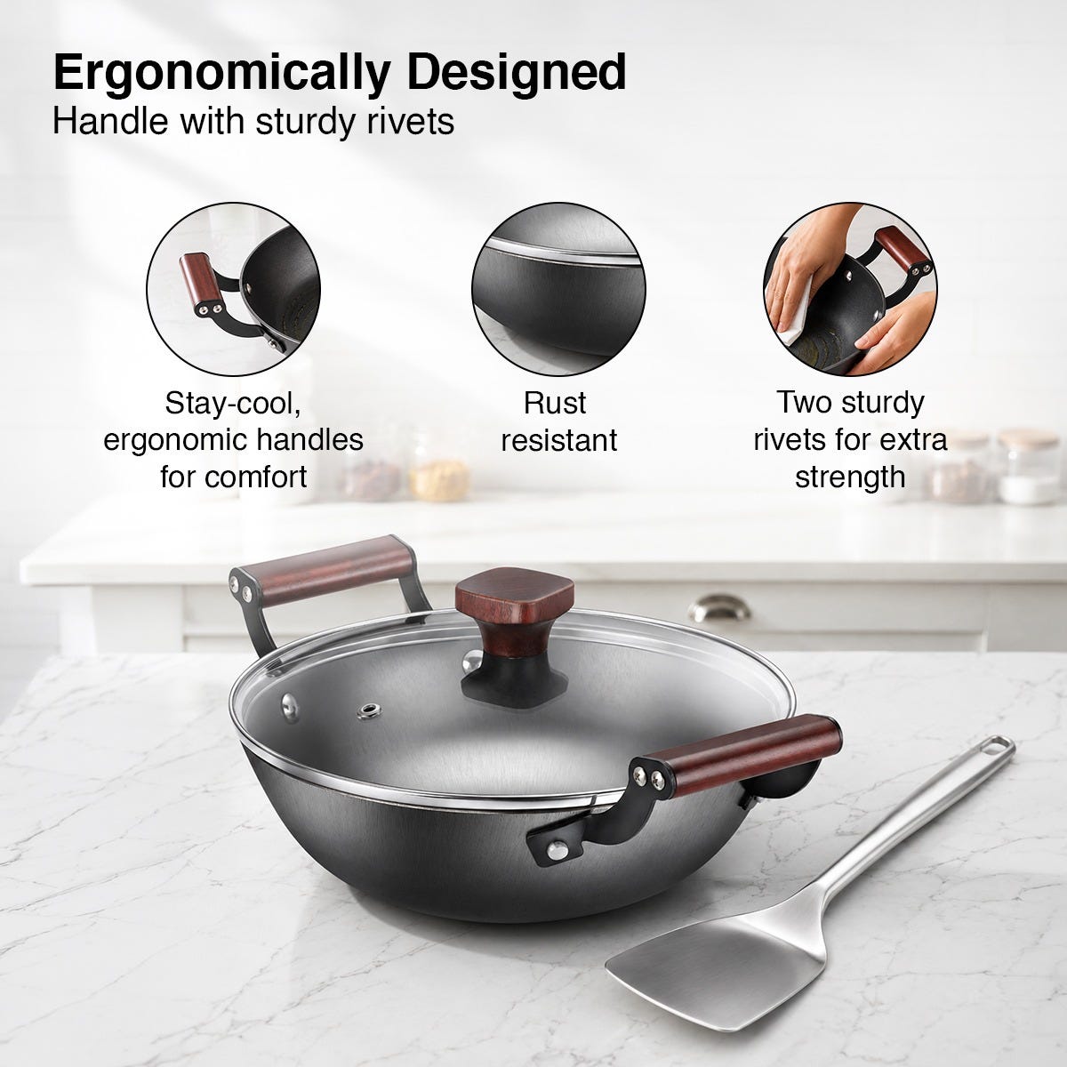Prestige Castlite Nitride Cast Iron Fry Pan 20cm/0.9L, Rust-Proof, Chemical-Free + Prestige Castlite Lightweight Cast Iron Kadai 24cm/2.4L with Glass Lid, Enamel Coated, Gas & Induction, 15Y Warranty