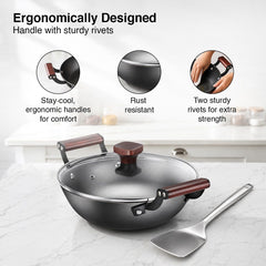 Prestige Castlite Nitride Cast Iron Fry Pan 20cm/0.9L, Rust-Proof, Chemical-Free + Prestige Castlite Lightweight Cast Iron Kadai 24cm/2.4L with Glass Lid, Enamel Coated, Gas & Induction, 15Y Warranty