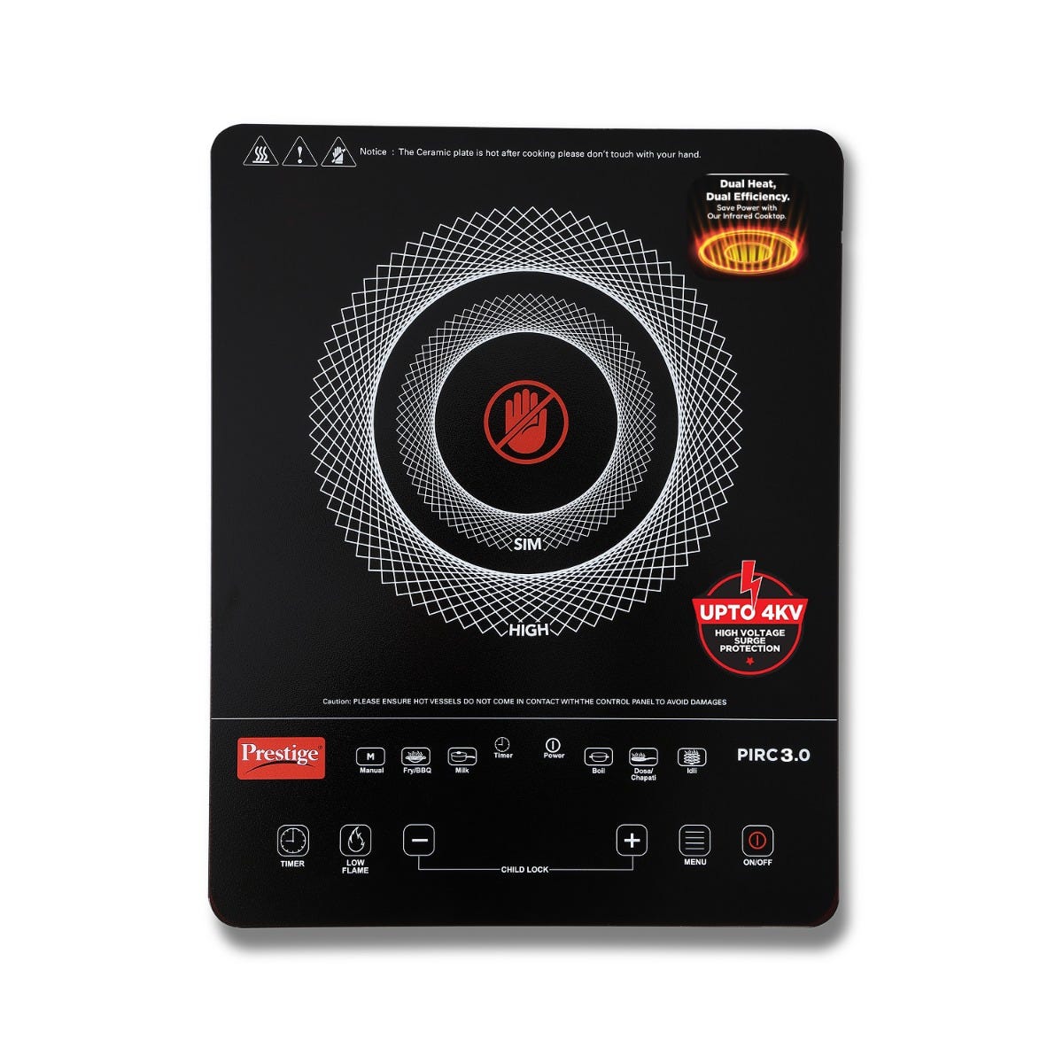 Prestige PIRC 3.0 2400W Infrared Cooktop, Indian Menus & Timer, Black + Prestige Omega Deluxe Granite Alpha 3 Pc BYK Non-Stick Set: Kadai 24cm with Glass Lid, Omni Tawa 28cm, Fry Pan 24cm